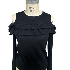 Cashmere Saks Fifth Avenue Black Ruffled Cold Shoulder Sweater xs